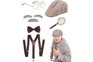 JORAKI Accessori Uomo Anni ‘20 Sherlock Holmes Cosplay Set con Cappello Cacciatore Lente D'Ingrandimento Bretella Papillon Barba Sopracciglia Occhiali per Natale Carnevale Festa in Maschera