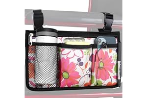 HSGEZUOQI Update Flower Color Wheelchair Bag Side Organizer Storage Armrest Pouch with Cup Holder and Reflective Stripe Use Waterproof Fabric, for Most Wheelchairs, Walkers or Rollators (Pink Floral)