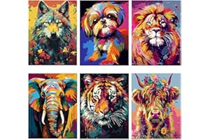 NAIMOER 6Pack Animals Painting by Numbers for Adults Kids, DIY Acrylic Paint by Numbers Oil Painting for Gifts Home Decor 30x40cm(Wolf, Dog, Lion, Elephant, Tiger, Cow)