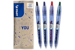 PILOT - Caja de 4 B2P Gel - Roller Retráctil y Recargable - Hecho con Botellas Recicladas - Tinta de Gel para una Comodidad de Escritura óptima - Begreen - Negro, Azul, Rojo, Verde - Punta media