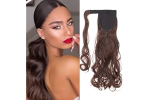 Silk-co Ponytail Velcro Extension Coleta Postiza con Pinza Pelo Sintético Se Ve Natural Extensiones de Cabello Clip Cola Rizada Ondulada #Marrón Medio (43cm,90g)