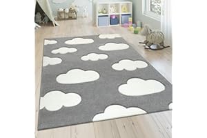 Paco Home Kinderteppich, Moderner Kinderzimmer Pastell Teppich, Wolken Design, Grösse:120 cm Rund, Farbe:Grau