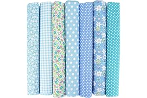 EXGOING 7pcs Fat Quarters Fabric Bundles - 20"x20" Precut Easter & Spring Quilting Cotton for Sewing, Patchwork, DIY Crafts & Home Décor - Soft, Durable & Multi-Colour Material (Blue)