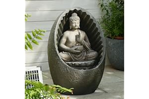 Bumilgar 40 CM Outdoor Solar Garden Water Fountain, Zen Buddha Water Features and Waterfalls with Lights for Patio, Backyard, Deck, Porch and Home Art Decor, Gray