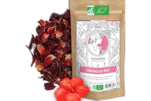 Ascenbio ✿ Fleurs d'hibiscus 100% BIO, 1ere récolte, séchées entières ✿ Tisane Karkadé Bissap ✿ 180g vrac ✿ Préparé et conditionné en France ✿ Emballage biodégradable