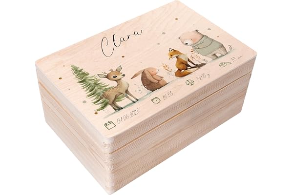 Creative Deco Boîte à Souvenirs Bébé Personnalisé avec Prénom - Animaux de la Forêt | 30 x 20 x 14 cm | Cadeau Boîte à Souvenirs pour Une Naissance pour Fille et Garçon | Boite Bois avec Couvercle