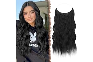 FESHFEN Extensiones Hilo Invisible Largo Ondulado Rizado Negro Secret Extensión Invisible de Pelo sin Clips Sintética Postizos para Mujer 40 cm