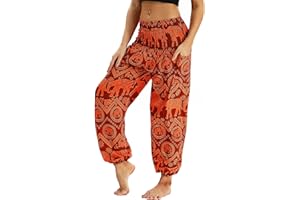 Nuofengkudu Femme Harem Pantalon Yoga Sarouel Legers Hippie Baggy Léger Ethnique Calqué Smockée Taille Haute avec Poches Été Plage