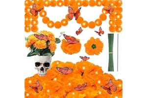 AWEYKA 45pcs Day of The Dead Decorations Set, Include 2pcs Artificial Marigold Garland, 30pcs Fake Marigold Flowers with Stems, 12pcs Monarch Butterfly Decorations for Dia De Los Muertos Diwali Decor, Orange