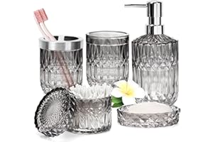 QUDUBUY Glass Bathroom Accessories Set - 5Pc Toothbrush Holder Set with Tumbler, Soap Dish & Cotton Swab Jar - 5Ps Stylish Clear & Black Modern Bathroom Set with Elegant Design for Organised Space&Gift
