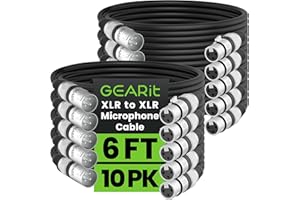 GearIT XLR Microphone Cable (6 Feet, 10-Pack) - Male to Female 3-Pin Balanced Shielded for Mic Mixer, Recording Studio, Podcast - Black, 6ft