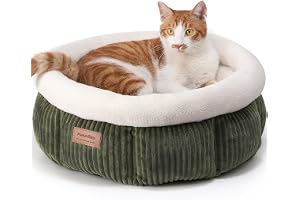 FUKUMARU Kattbädd, Corduroy Runda Kattbäddar för Innekatter, Tvättbar Fluffig Säng för Katter och Valpar, Mjuk Söt Säng för S