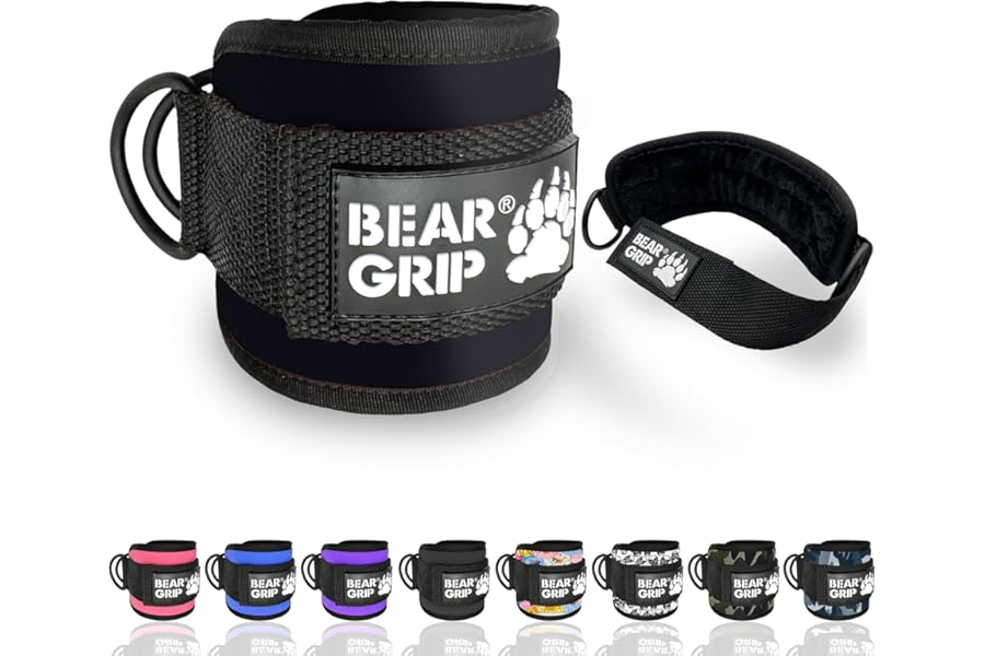 BEAR GRIP Ankle Straps for Cable Machines – Adjustable Gym Cuffs with Double D-Ring, Gym Straps Cable Attachments for Booty Workouts, Cable Kickback Ankle Strap for Men and Women