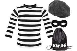 I LOVE FANCY DRESS Adults Burglar Costume - Black & White Striped T-Shirt, Grey Flat Cap, Black Eye Mask, Black Swag Bag - Adults World Book Day Book Week Fancy Dress Costume