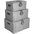 Innoteck Essentials Wicker Woven Storage Baskets Hamper Box with Lid Set of 3 - Decorative Kitchen Bathroom Hamper - Portable Basket with Handle - Ideal for Home/Office & Gifts Hamper (Grey)
