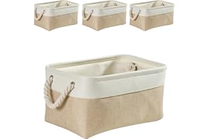 Mangata Lot de 4 boîtes de rangement pliables en toile avec poignées pour armoires, armoires, étagères, vêtements, jouets, serviettes, salle de bain (petit, Blanc Kaki Clair)