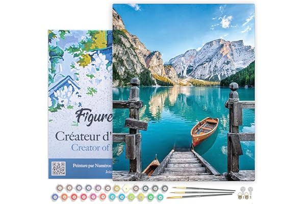 Figured'Art Pintar por Numeros Adultos con marco Barco en el lago de la montaña - Manualidades pintura acrilica Kit Cuadro DIY completo - 40x50cm con bastidor montado