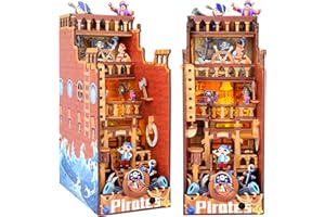 RONSTONE DIY Book Nook Kit : Puzzle 3D en Bois Maison du Pirate avec Meubles et LED, Kit Maison de Poupée Miniature Décoration étagère, Mini Maison de Poupée Cadeau Créatif pour Adultes Adolescents