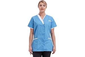 FIRST UNIFORM SOLUTIONS NewModel Womens Nurses Healthcare Bold Trim Tunic Uniform Maid Housekeeper Beautician Turquoise with White Contrast Trim (Medium)