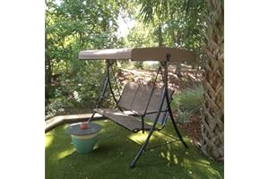 PURPLE LEAF Garden Swing Chair 3 Seater, Outdoor Swing Bench Bed Hammock with Adjustable Canopy, 2 Storage Packets, Textilene and Weather Resistant Steel Frame for Proch and Patio, Beige