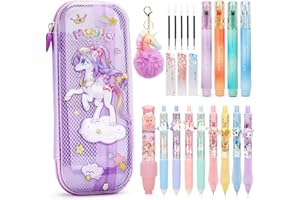 SKAMORI Set Scuola Cancelleria Aesthetic, Astuccio Unicorni con 20+ Forniture Scolastiche, 4 Evidenziatori | 4 Penne Gel | 4 Matita Meccanica, Unicorno Bambina Regalo, Viola