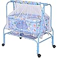 FLIPZON Baby Cradle with Swing & Mosquito Net | for 0-8 Month Babies | Four Wheels with Brake | with Storage | Sturdy & Safe | Polypropylene/Mild Steel | Blue