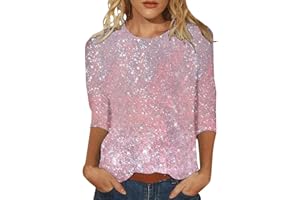 ACHIMLT Pailletten Oberteil Damen Glitzer Pullover 3/4 Arm Shirt Casual Rundhals Langarmshirt Baumwolle T-Shirt Elegant Sexy Silvester Outfit Große Größen Langarm Tunika Karneval Party Festliche Blusen