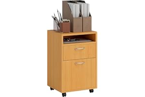 HOMCOM 60cm Filing Cabinet with Drawer, Open Shelf, Metal Handles and 4 Wheels, Office Home Organiser Mobile Printer, Natural Wood Finish