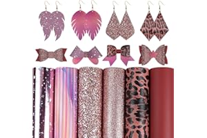Aomry Lot de 6 feuilles en similicuir série rose mixte motifs paillettes fines et grosses holographique léopard étoile pour fabrication de boucles d'oreilles et nœuds papillon 20 x 30 cm