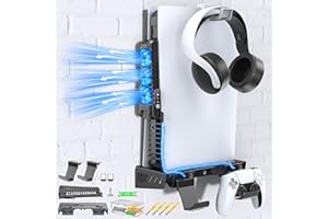 Kytok Soporte de Pared PS5 con Ventilador PS5 de 3 Velocidades, Refrigeración para PS5 Consola, Soporte para PS5 con Cable de Carga para Mandos PS5, Soporte para Mandos y Auriculares