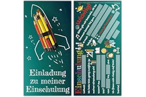 BREITENWERK 12 Einladungskarten Einschulung Set Rakete - Einschulungskarten Einladung für Kinder zum Schulbeginn Schuleingang Schulanfang Karten