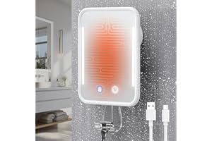 Gospire Espejo de Ducha con calefacción sin Niebla para afeitarse con luz, batería Recargable de 5000 mAh, Ventosa Desmontable y Soporte para maquinilla de Afeitar para Pared, sin perforación