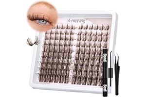 LVMIXWIG Brown Lash Clusters Kit Fox Eye Lash Lash Extension Kit Manga Eyelash Clusters C Curl Individual Lashes Kit with Lash Bond and Seal Lash Applicator
