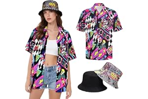 KASAHARA Hippie Oberteile Damen Hawaii Outfit Bluse Kostüm Set Flower Power 80er Hemd Frauen 90er Jahre Vintage Shirt 70er Bekleidung Lässig Retro Tops Karneval Faschingskostüm