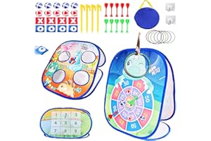 YUEONEWIN Dartscheibe Wurfspiel für Kinder, 5 in 1 Dinosaurier Dartspiel mit Dart, Sitzsack, Klettbälle, Ring toss, Tragbares Outdoor Spiele für Kinder, Geburtstags Geschenke für Kinder ab 3 Jahren
