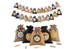 MIUEZUTH Adventskalender zum Befüllen, Gedruckte Weihnachtskalender Jutesäckchen Selberfüllen, 24 Groß jutebeutel Kette zum selber befüllbar und Aufhängen, 2025 Geschenksäckchen für Kinder (Schwarz)