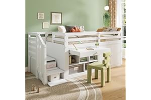 Gegtuon Bunk Bed 90 x 200 cm with Table and Cupboard, Children's Bed with Storage Space Shelf and Doors, House Bed with Stairs and Ladder, Bed Frame with Slatted Frame and Fall Protection, without