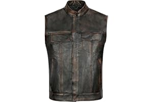 CAZA Mens Sons of Anarchy Motorcycle Leather Waistcoat Riding Club Real Leather Cut off Motorbike Vest Black with Deep Pockets