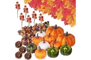 ANIEPAA Zucche Decorative Autunnali 162 Pezzi, Autunno Decorazioni Tavola con Foglie Artificiali, Foglie D'acero Ghiande Pigne Zucche Bacche Rosse Decorazioni Autunnali Ringraziamento Halloween (Multicolore)