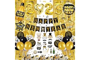 GYESXYW Silvester Deko 2025, Neujahr Deko 2025, Happy New Year Banner, Schwarz Gold Konfetti Ballons 2025 Folienballon, Vorhänge, Fotorequisite Silvesterparty