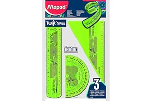 Maped - Reglas Escolares - Twist'n Flex Decor - Mini Kit de 3 Piezas - 1 Regla de 15 cm, 1 Cartabón de 60° y 1 Transportador de Ángulos 180° - Material Flexible e Irrompible - Diseño Lúdico