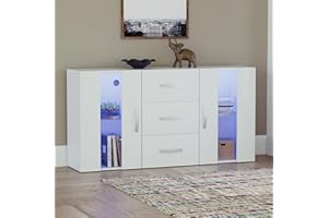 Vida Designs Astro 2 Door 3 Drawer Modern LED Sideboard in White, RGB Lights (Fade/Strobe Options Included), Wooden Matte Style with High Gloss Features