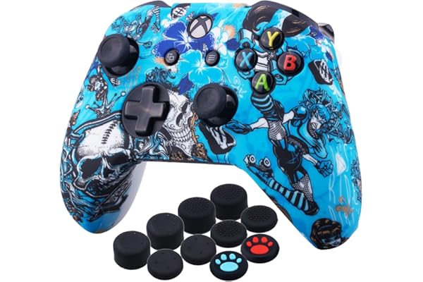 YoRHa Impresión Caucho de Silicona Funda Skin Case Carcasas Piel para Xbox One S/X Mando Controller x 1 (Bruja) Con Agarres para el Pulgar Thumb Grip x 10