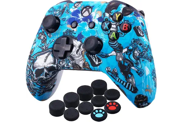 YoRHa Impresión Caucho de Silicona Funda Skin Case Carcasas Piel para Xbox One S/X Mando Controller x 1 (Bruja) Con Agarres para el Pulgar Thumb Grip x 10