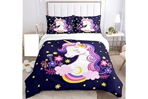 SHUAIG Einhorn Bettwäsche Set Kinder Bettwäsche 3D Gedruckt Einhorn Cartoon Bettbezug,Soft Mikrofaser Bettbezug mit 2 Kissenbezug 50x75cm für Mädchen.(Lila Einhorn, 135x200 cm)