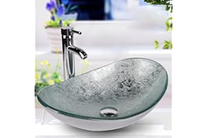 YU YUSING Countertop Bathroom Sink Basin Oval Hand Washbowl Tempered Glass with Tap Waste Set, Cloakroom Kitchen Toilet, Silver
