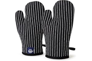 Encasa XO Long 18x30 cm Oven Microwave Hand Gloves Mitts (2 pc Set) for Kitchen Cooking & Baking - Heat Resistant, Thick & Safe, Protection of Hands from Hot Utensils, Grill - Metzgerstreifen schwarz