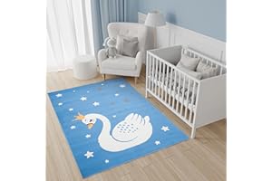 TAPISO Jolly Tappeto Bambini Cameretta Bimbi Gioco Colorato Cigno Animale Multicolore Blu A Pelo Corto 80 x 150 cm