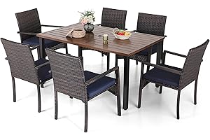 MFSTUDIO Rattan Garden Furniture Set 7 Piece, Teak Color Rectangular Dining Table and 6 Rattan Garden Chairs, Navy Blue Cushion Included, Patio Table and Chairs, Weatherproof, Black and Brown