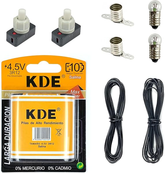 InputMakers Kit Eléctrico Escolar Iniciación: Pila Petaca 4,5 V, 2 Bombillas, 2 Portalámparas, 2 Interruptores y 4 Metros Cable. Para Instituto y Manualidades. Aprendizaje Circuitos. - 1